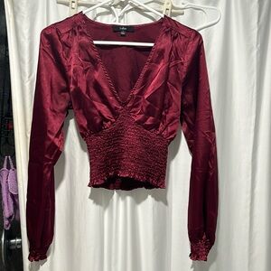 Lulus, Red Wine Satin Long Sleeve Ruched Crop Top